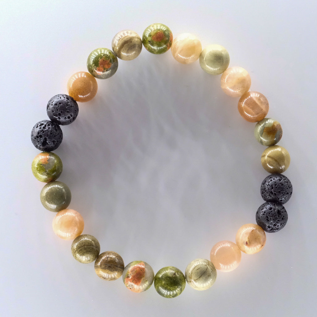 Bracelet diffuseur d'huiles essentielles modèle Cactus, réalisé artisanalement au Québec avec des pierres naturelles de jaspe feuille d'argent, pierre de soleil et unakite, disponible chez Essanzia.