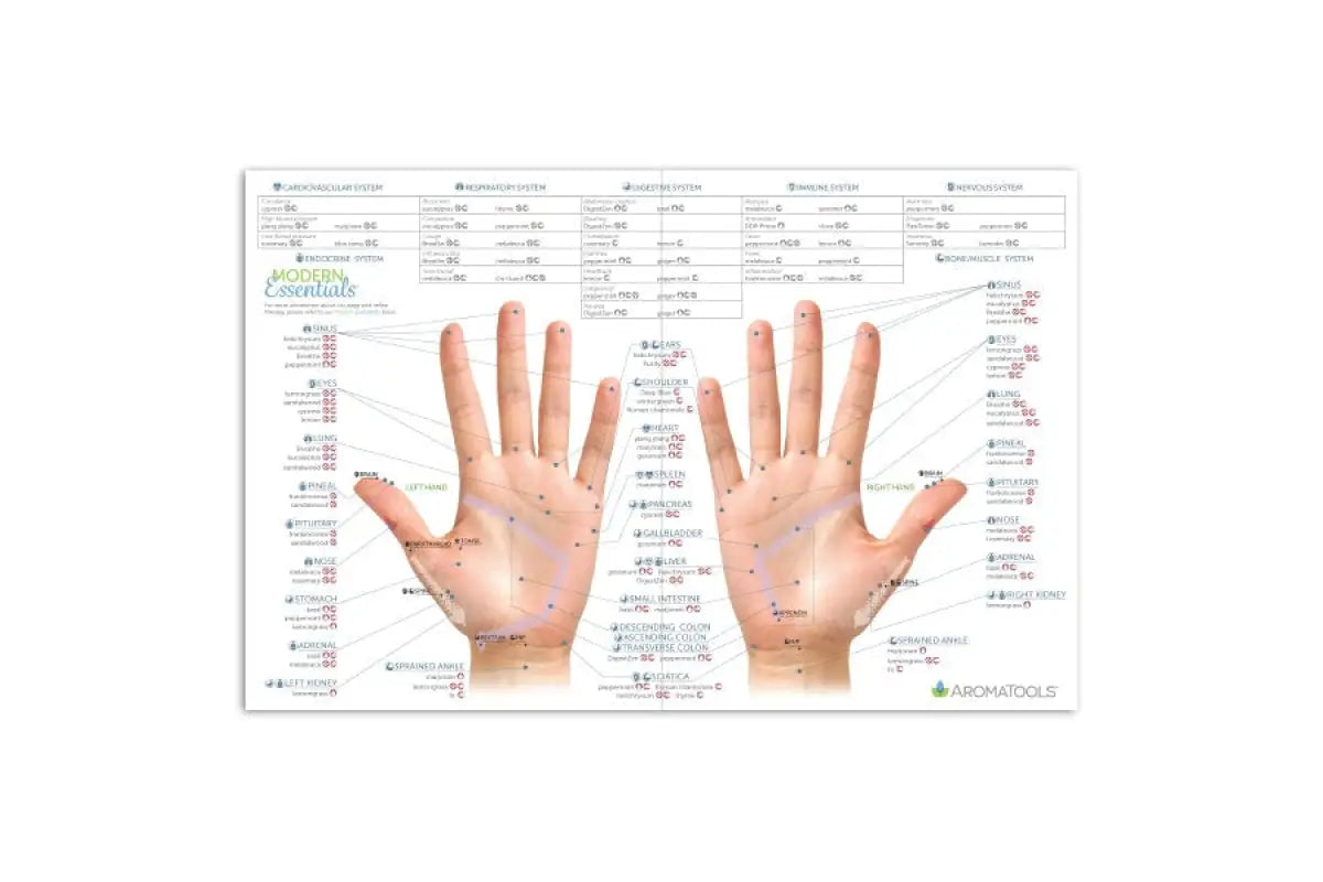 Vue d'ensemble de la charte de réflexologie 10e édition, détaillant les zones réflexes des pieds et des mains avec des suggestions d'huiles essentielles.