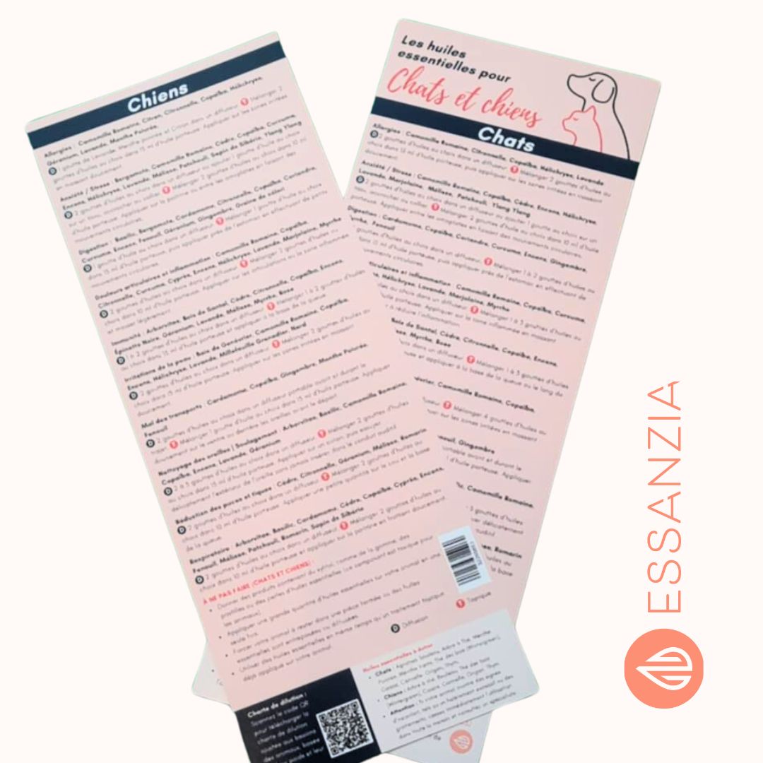 Mini guide "Huiles essentielles pour chats et chiens" par Essanzia, offrant des conseils sur l'utilisation sécuritaire des huiles essentielles pour le bien-être des animaux de compagnie.