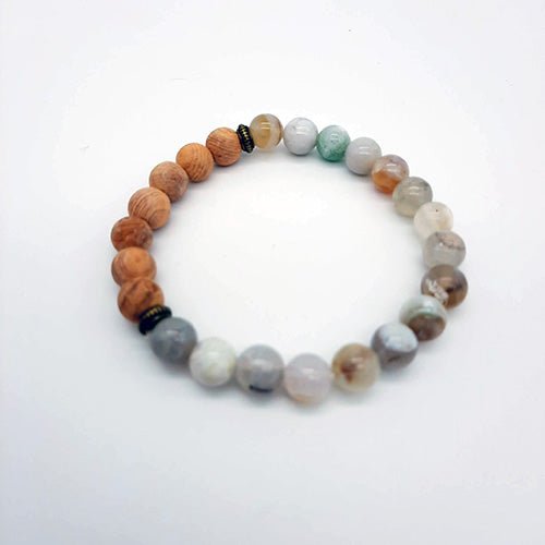  Vue latérale du bracelet diffuseur d'huiles essentielles, mettant en évidence l'agencement des perles de pierre volcanique et de bois, un accessoire élégant et fonctionnel pour la diffusion d'arômes naturels.
